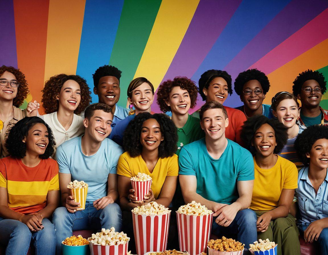 A vibrant cinema screen displaying a rainbow flag backdrop, surrounded by diverse characters of different genders and ethnicities enjoying a film together. Include elements like popcorn, film reels, and a celebratory atmosphere embodying love and inclusivity. The scene should exude warmth and joy, inviting viewers into the colorful world of LGBTQ+ cinema. super-realistic. vibrant colors. cinematic style.