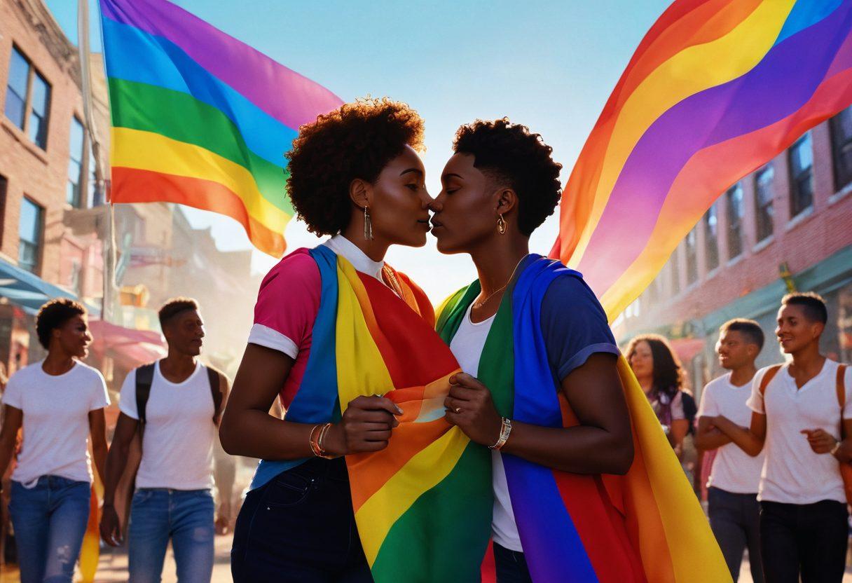 A vibrant film reel unraveling, showcasing diverse scenes of LGBTQ+ characters embracing love and identity. In the background, colorful flags representing the LGBTQ+ community flow like a breeze. Subtle silhouettes of iconic moments from films around love, acceptance, and community surround the film reel. The setting conveys a warm, welcoming atmosphere, signifying inclusivity and modern storytelling. hyper-realistic. vibrant colors. cinematic glow.