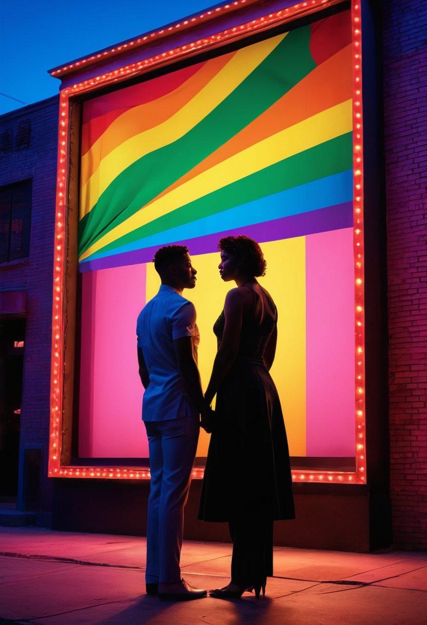 A captivating film reel intertwined with vibrant LGBTQ+ pride flags, showcasing iconic scenes from classic queer films on one side and powerful imagery symbolizing transgender triumphs on the other. Incorporate silhouettes of diverse characters representing the spectrum of queer identities, framed against a backdrop of a colorful theater marquee that lights up the night. Emphasize nostalgia and celebration of diversity. super-realistic. vibrant colors. cinematic style.